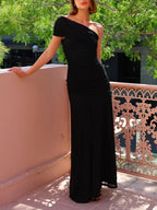 Women's One-Shoulder Pleated Maxi Dress – Asymmetrical Flared Formal Dress