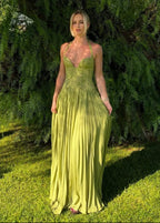 Women's Sweetheart Neckline Maxi Dress – Pleated Strappy Formal Dress