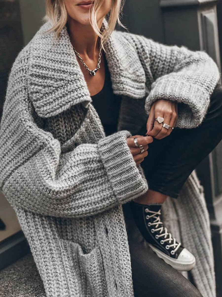 Women's Oversized Lapel Cardigan – Chunky Longline Button Cardigan