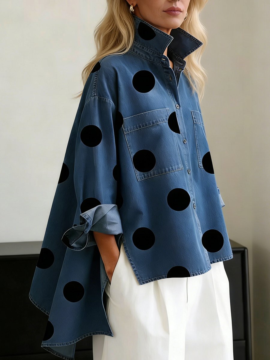 Women's Oversized Polka Dot Blouse – Long Sleeve Relaxed Shirt Blouse