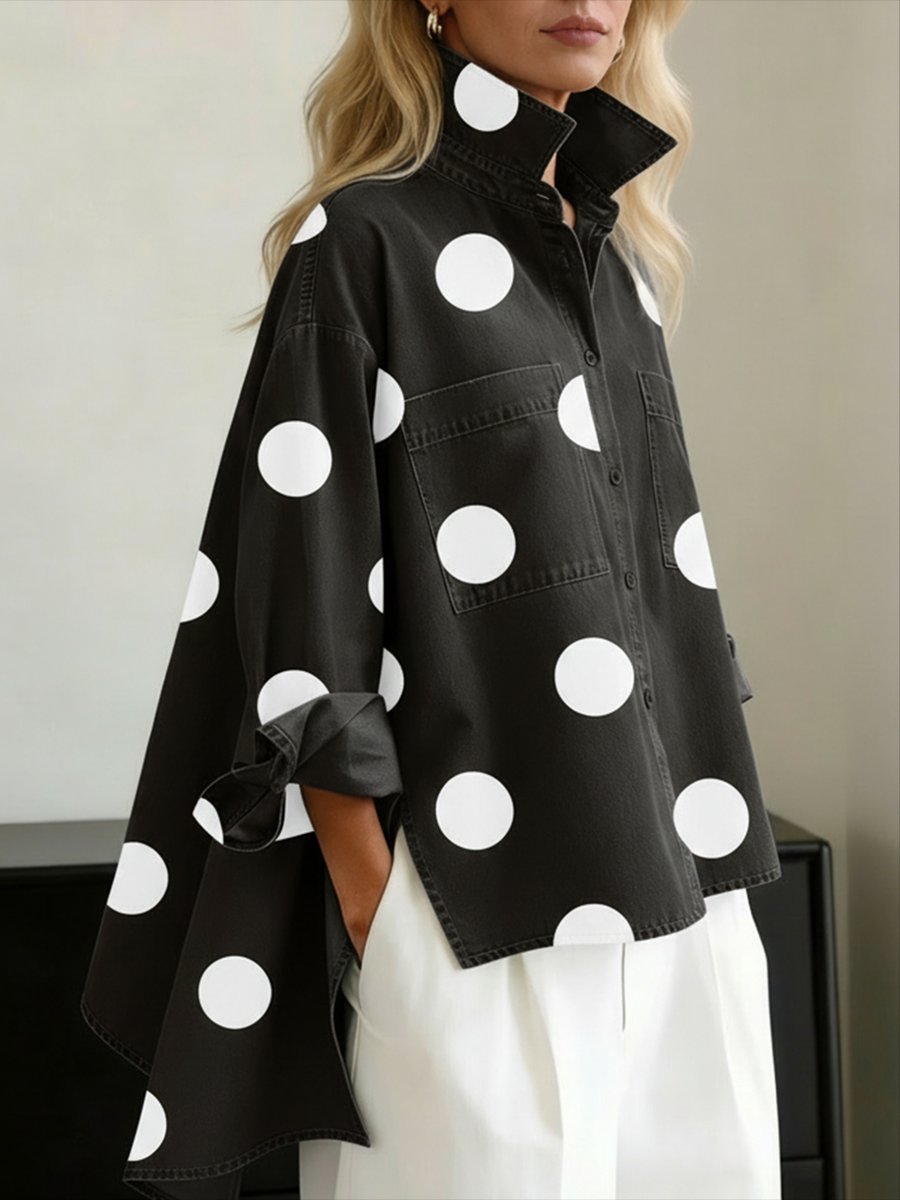 Women's Oversized Polka Dot Blouse – Long Sleeve Relaxed Shirt Blouse