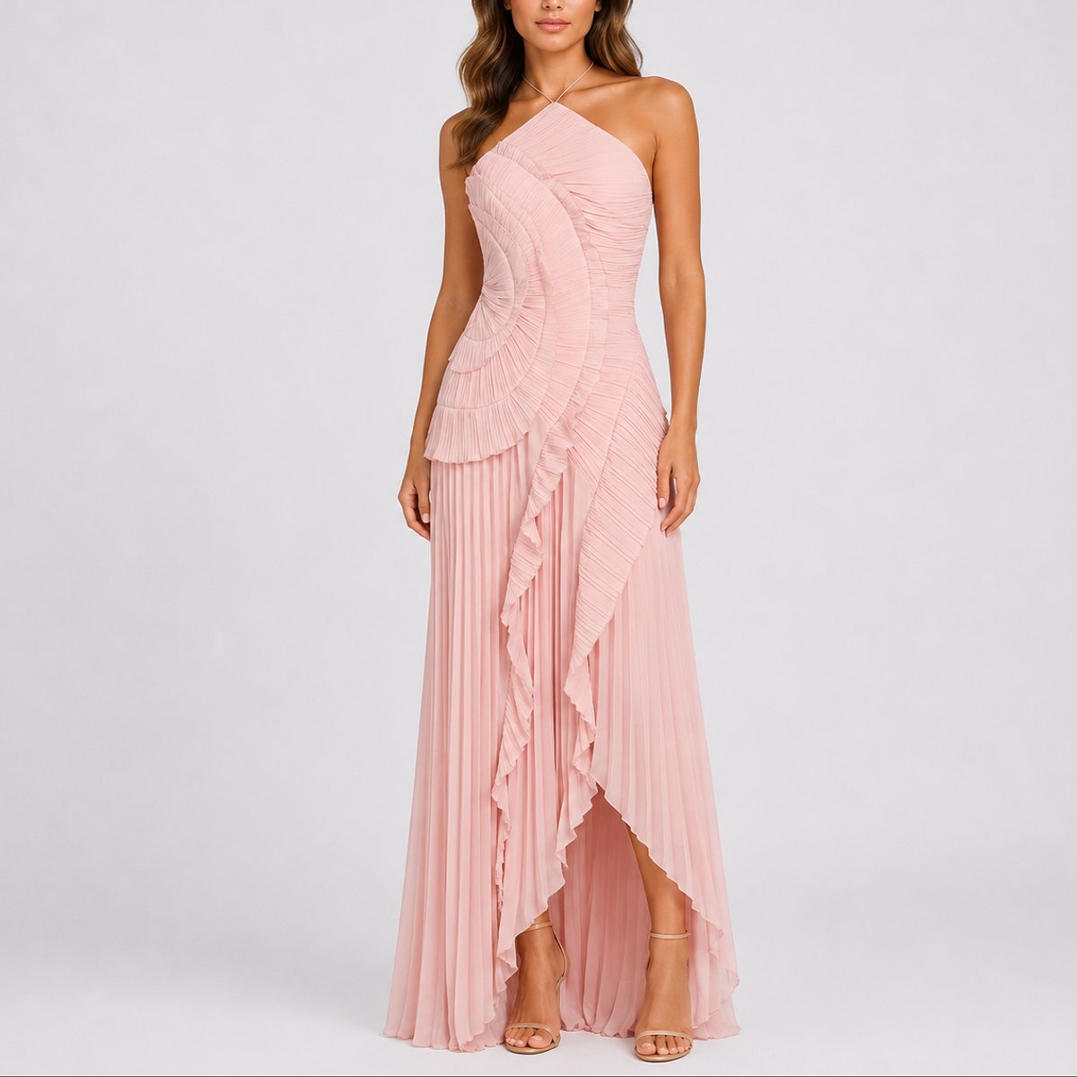 Women's Pleated Halter Wedding Guest Maxi Dress – Ruffle High Low Formal Dress