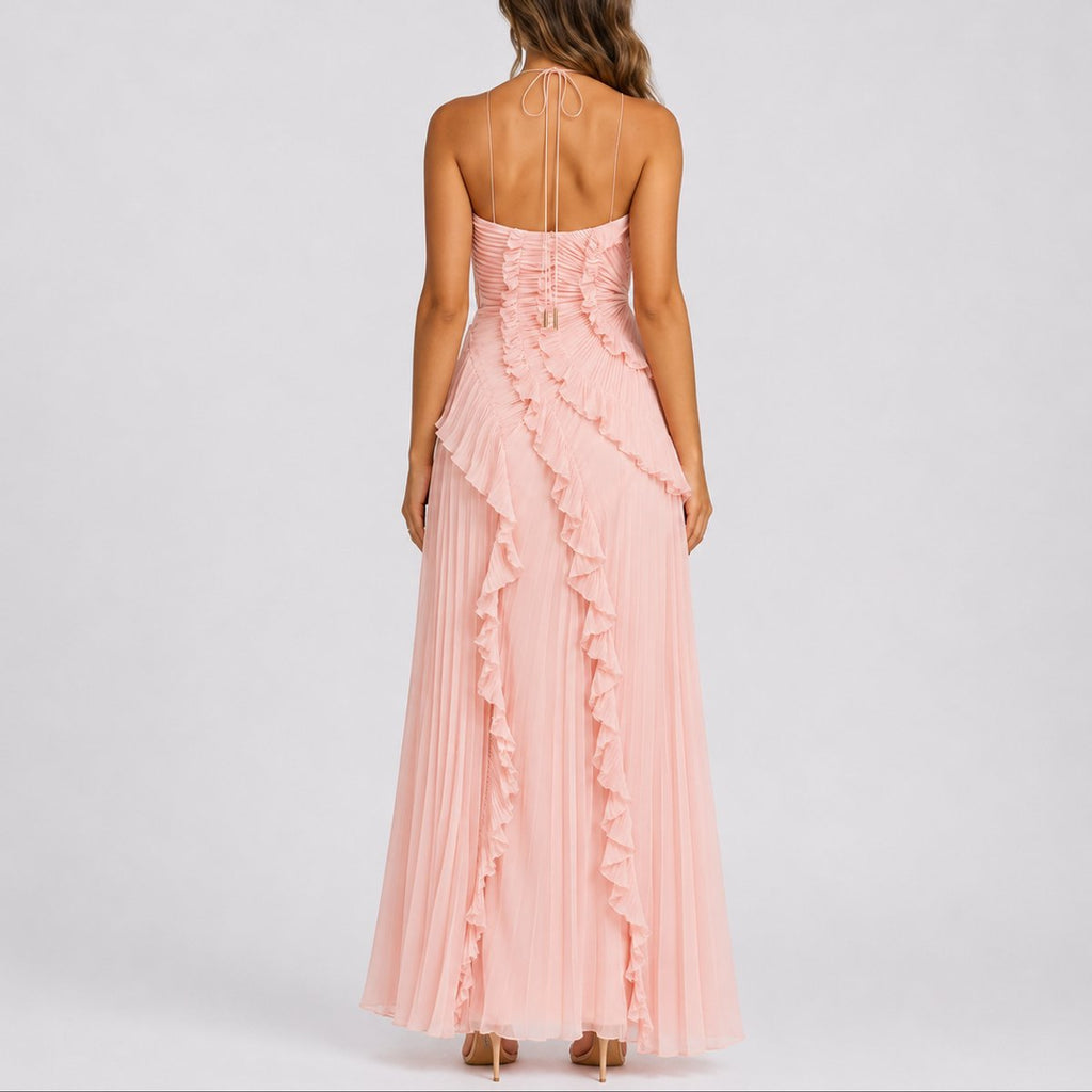 Women's Pleated Halter Wedding Guest Maxi Dress – Ruffle High Low Formal Dress
