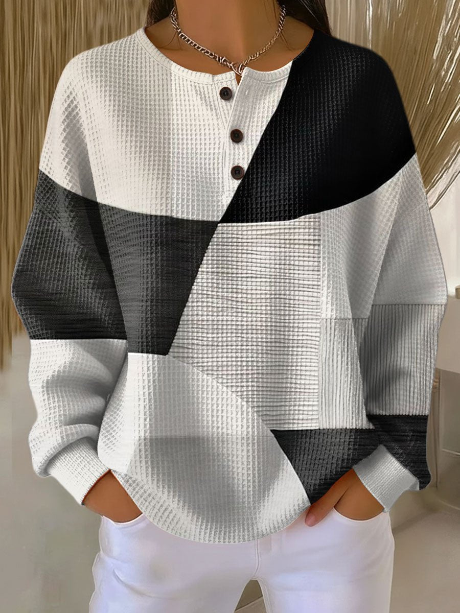 Women's Waffle Knit Henley Sweater – Colour Block Button Neck Pullover