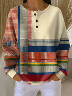 Women's Waffle Knit Henley Sweater – Colour Block Button Neck Pullover