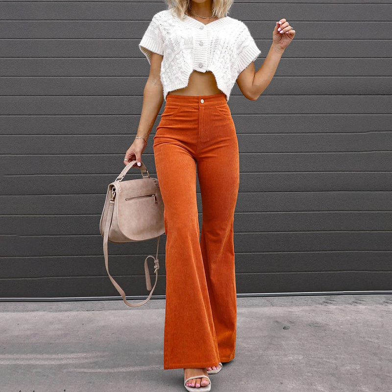 Women's High Waist Flared Pants – Retro Button Front Pocket Trousers