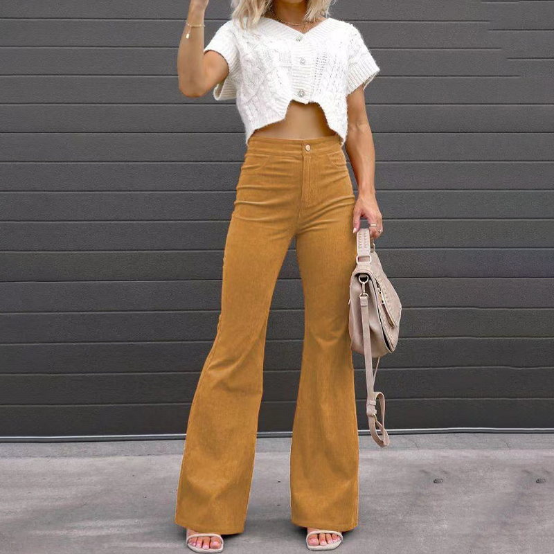 Women's High Waist Flared Pants – Retro Button Front Pocket Trousers