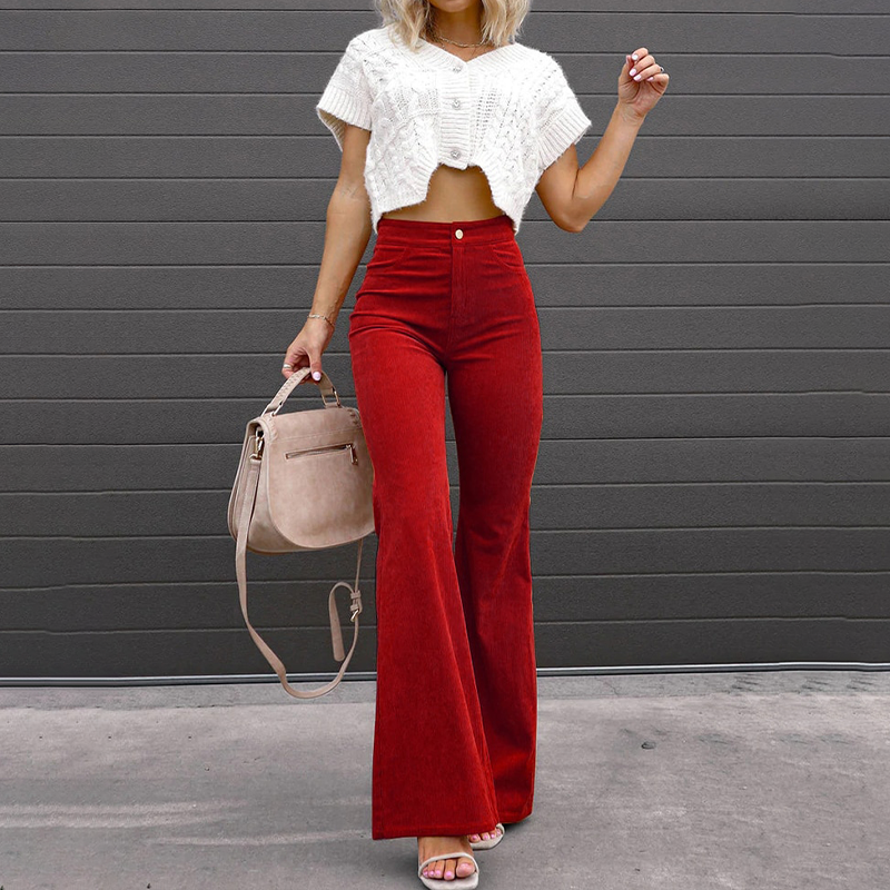 Women's High Waist Flared Pants – Retro Button Front Pocket Trousers