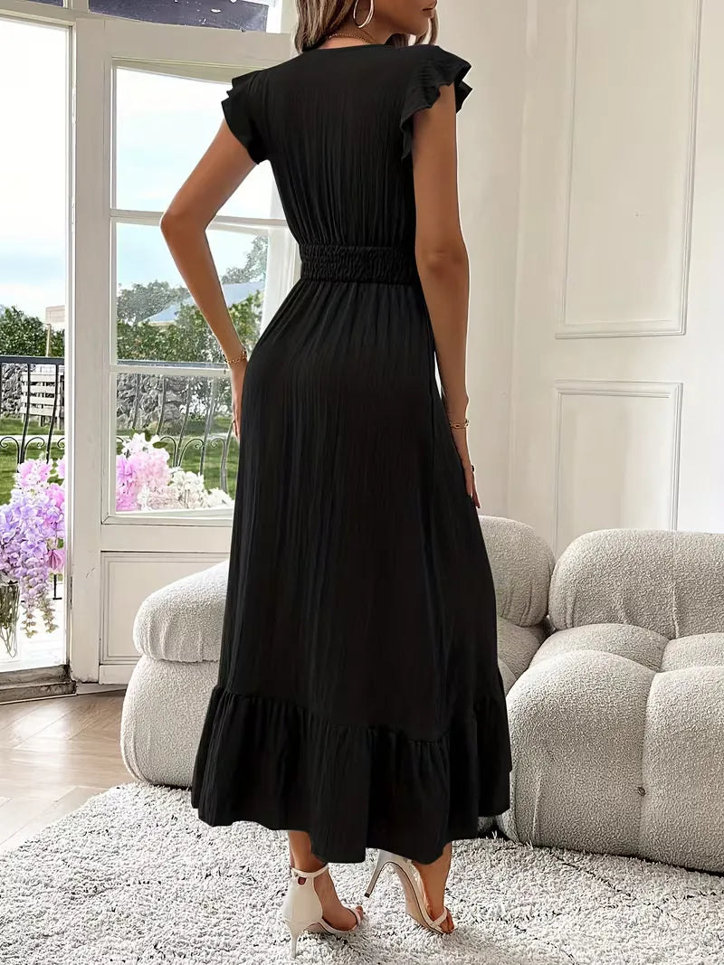 Women's V-Neck Tiered Maxi Dress – Short Sleeve Smocked Waist Evening Dress