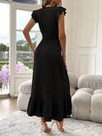 Women's V-Neck Tiered Maxi Dress – Short Sleeve Smocked Waist Evening Dress