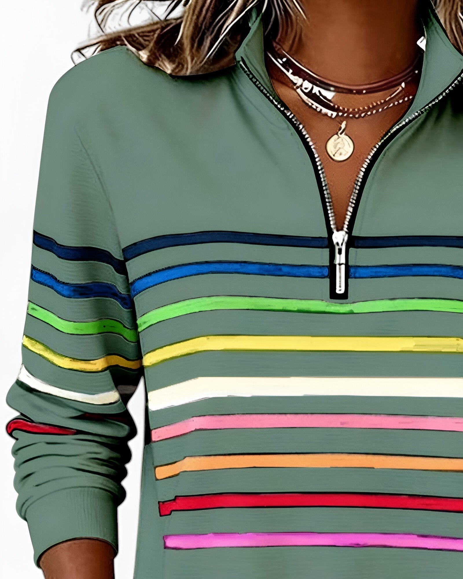 Women's Striped Quarter-Zip Sweater – High Neck Long Sleeve Pullover