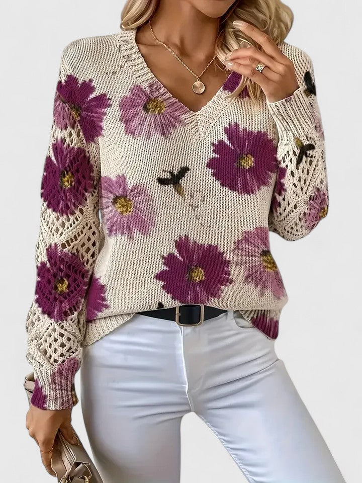 Women's Floral V-Neck Cardigan – Lightweight Flower Knit Cardigan