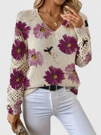 Women's Floral V-Neck Cardigan – Lightweight Flower Knit Cardigan