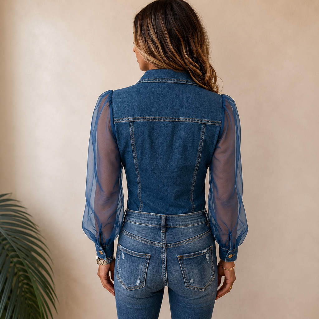 Women's Denim Style Blouse – Collared Button Front Shirt Blouse