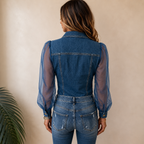 Women's Denim Style Blouse – Collared Button Front Shirt Blouse