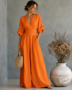 Women's V-Neck Wrap Wide Leg Jumpsuit – Cinched Waist Wedding Guest Jumpsuit