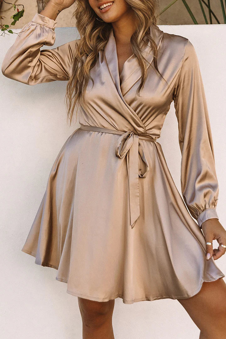 Women's V-Neck Wrap Cocktail Dress – Long Sleeve Tie Waist Evening Dress