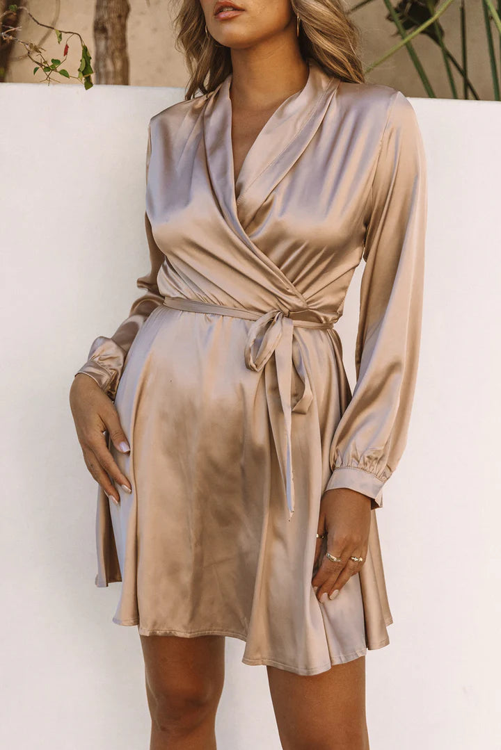 Women's V-Neck Wrap Cocktail Dress – Long Sleeve Tie Waist Evening Dress