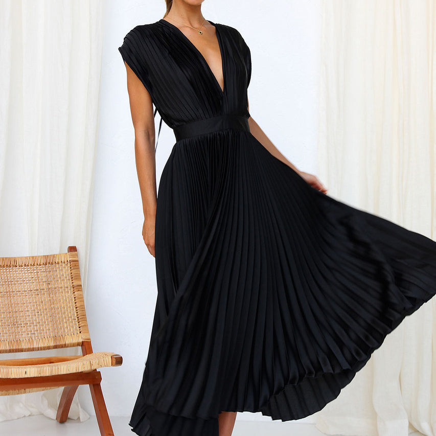 Women's V-Neck Pleated Wedding Guest Dress – Sleeveless Flowy Summer Dress
