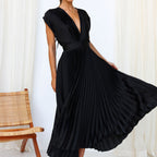 Women's V-Neck Pleated Wedding Guest Dress – Sleeveless Flowy Summer Dress