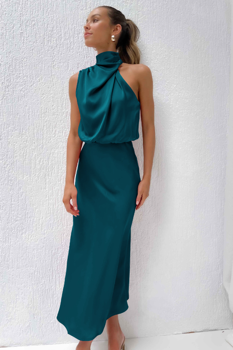 Women's Formal Asymmetrical Midi Dress – Fitted Statement Neck Occasion Dress