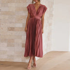 Women's V-Neck Pleated Wedding Guest Dress – Sleeveless Flowy Summer Dress