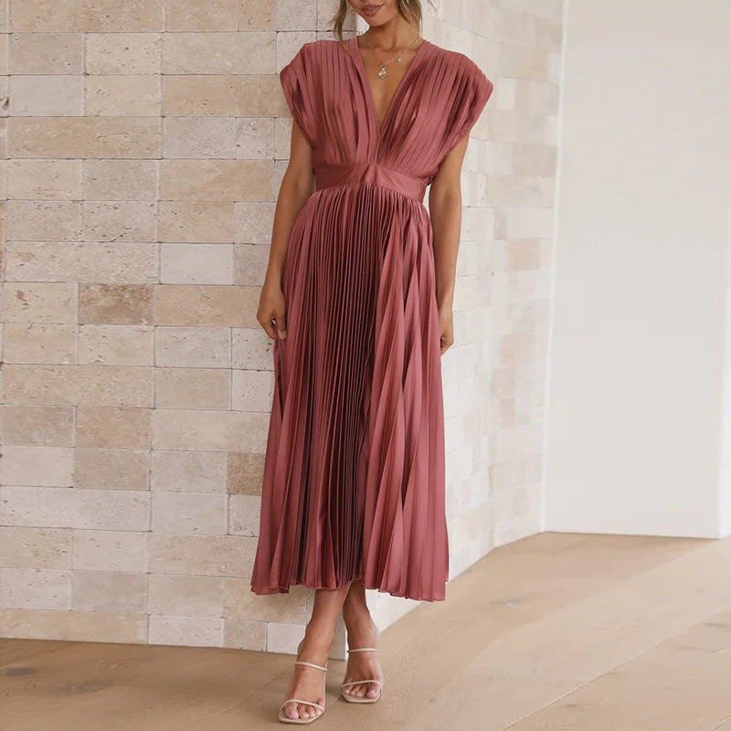 Women's V-Neck Pleated Wedding Guest Dress – Sleeveless Flowy Summer Dress