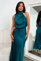 Women's Formal Asymmetrical Midi Dress – Fitted Statement Neck Occasion Dress