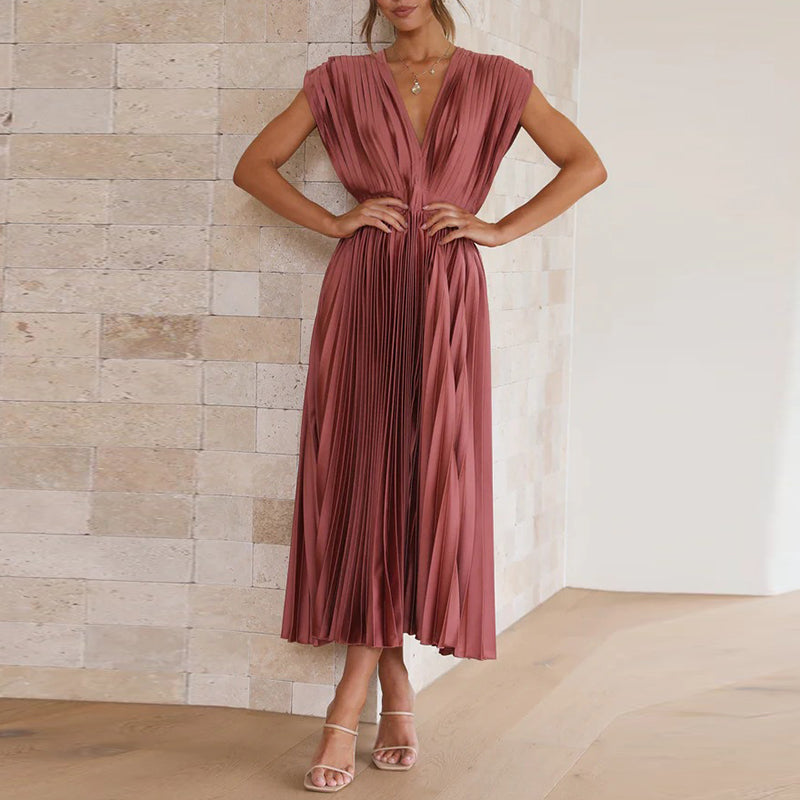 Women's V-Neck Pleated Wedding Guest Dress – Sleeveless Flowy Summer Dress