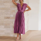 Women's V-Neck Pleated Wedding Guest Dress – Sleeveless Flowy Summer Dress