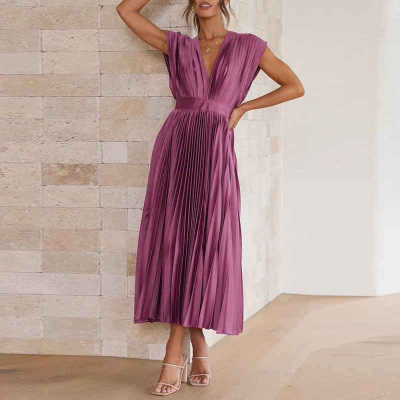 Women's V-Neck Pleated Wedding Guest Dress – Sleeveless Flowy Summer Dress