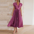 Women's V-Neck Pleated Wedding Guest Dress – Sleeveless Flowy Summer Dress