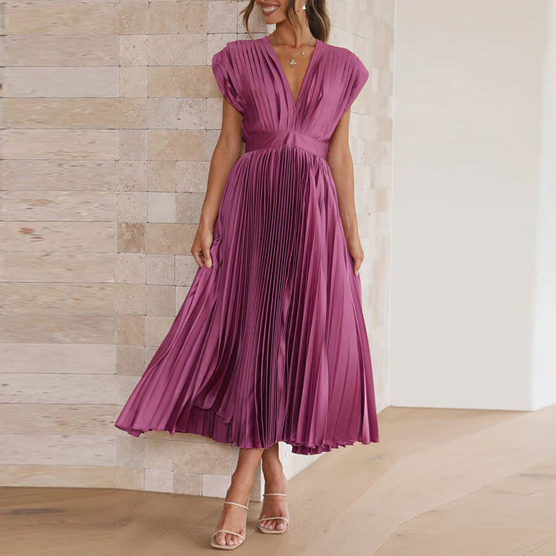 Women's V-Neck Pleated Wedding Guest Dress – Sleeveless Flowy Summer Dress