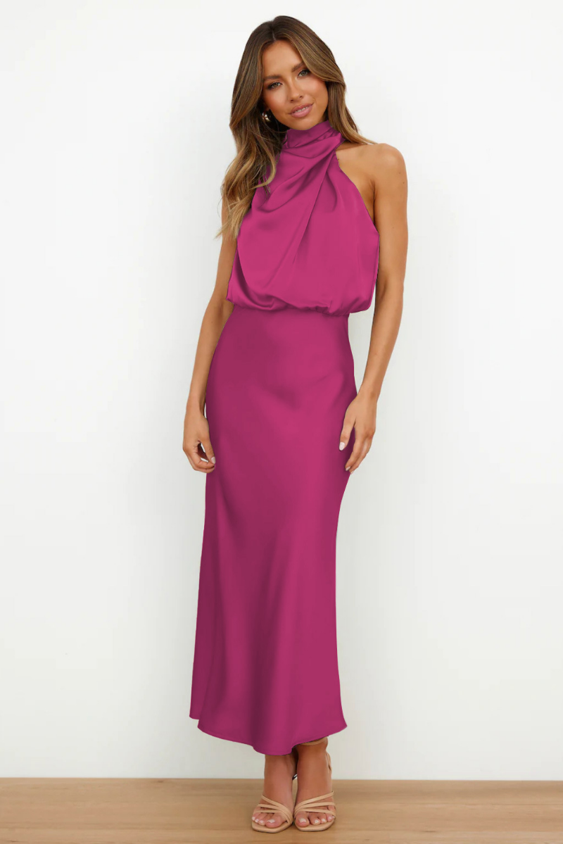 Women's Formal Asymmetrical Midi Dress – Fitted Statement Neck Occasion Dress