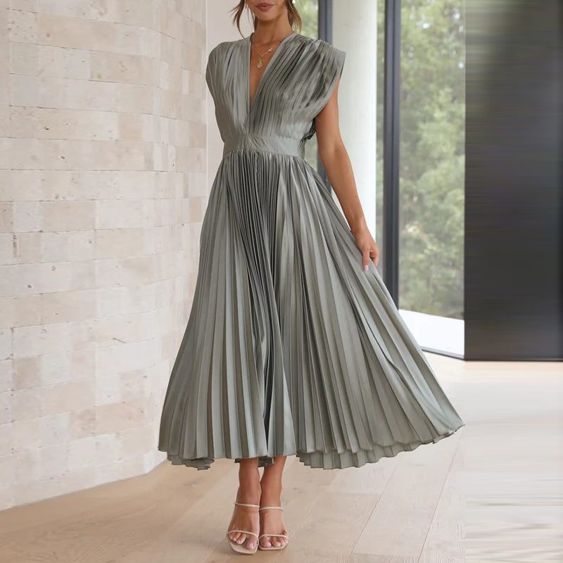 Women's V-Neck Pleated Wedding Guest Dress – Sleeveless Flowy Summer Dress