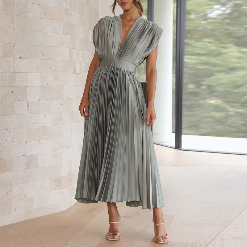 Women's V-Neck Pleated Wedding Guest Dress – Sleeveless Flowy Summer Dress