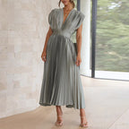 Women's V-Neck Pleated Wedding Guest Dress – Sleeveless Flowy Summer Dress