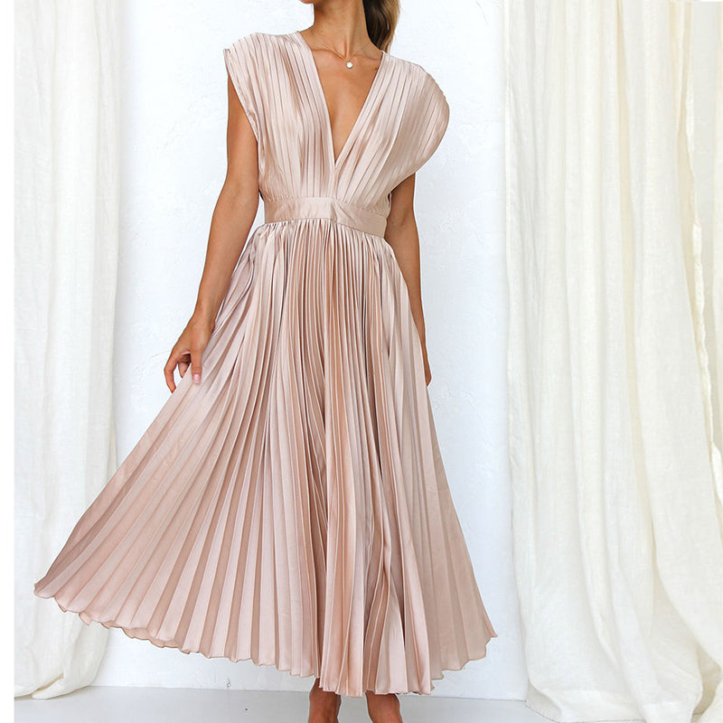 Women's V-Neck Pleated Wedding Guest Dress – Sleeveless Flowy Summer Dress