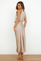 Women's Formal Asymmetrical Midi Dress – Fitted Statement Neck Occasion Dress