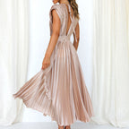 Women's V-Neck Pleated Wedding Guest Dress – Sleeveless Flowy Summer Dress
