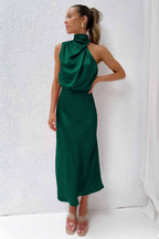 Women's Formal Asymmetrical Midi Dress – Fitted Statement Neck Occasion Dress