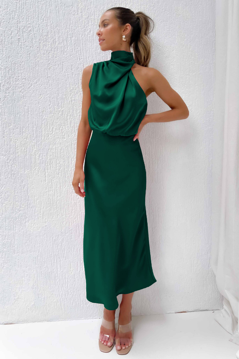 Women's Formal Asymmetrical Midi Dress – Fitted Statement Neck Occasion Dress