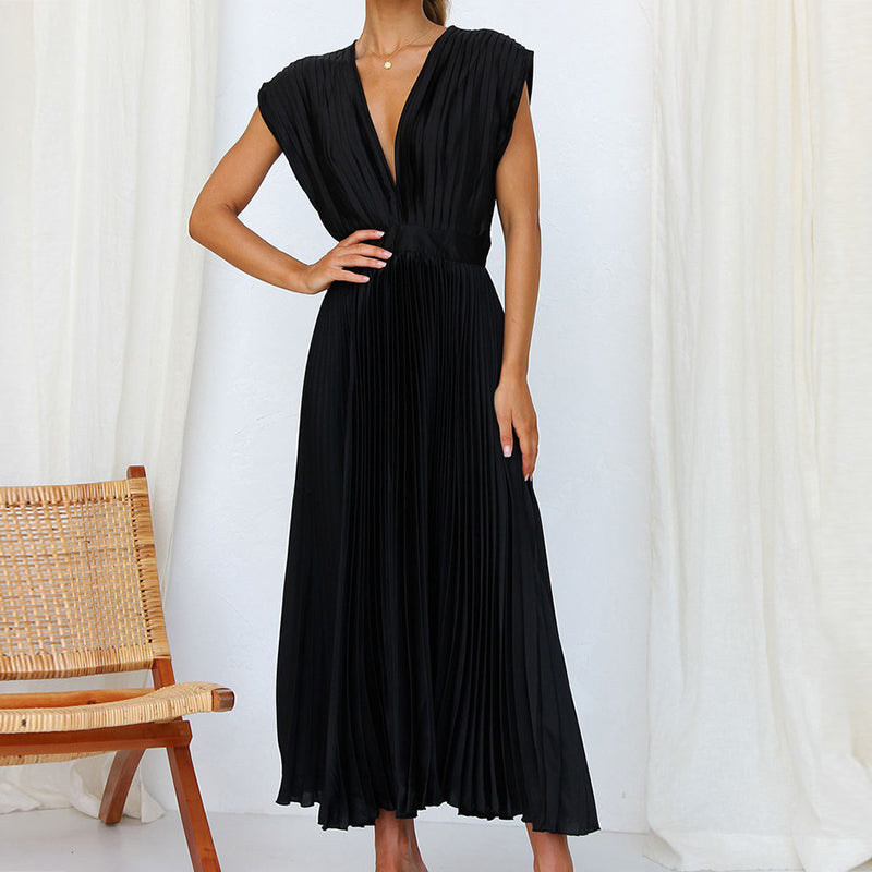 Women's V-Neck Pleated Wedding Guest Dress – Sleeveless Flowy Summer Dress
