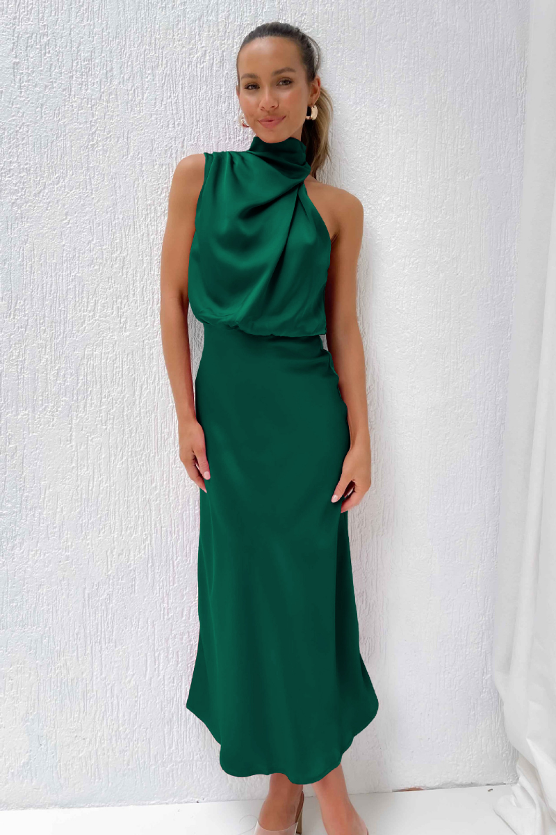 Women's Formal Asymmetrical Midi Dress – Fitted Statement Neck Occasion Dress