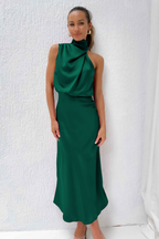 Women's Formal Asymmetrical Midi Dress – Fitted Statement Neck Occasion Dress