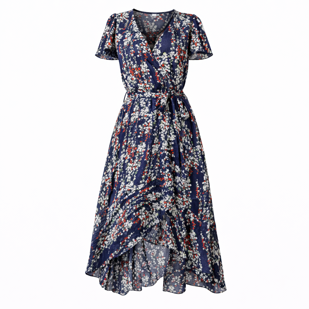 Women's Floral Midi Dress – Wrap V-Neck Dress