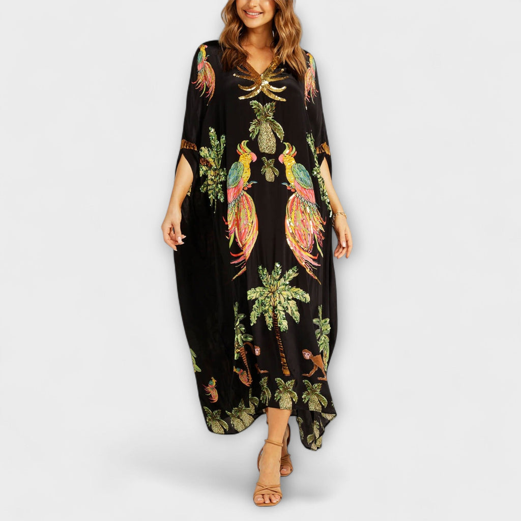 Women's Asymmetrical Maxi Dress – Tropical Print Dress – Linda