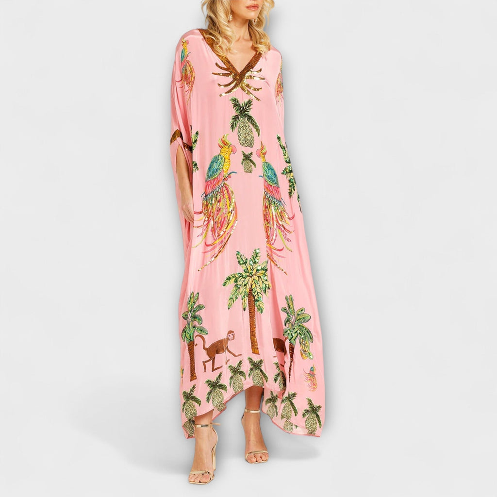 Women's Asymmetrical Maxi Dress – Tropical Print Dress – Linda