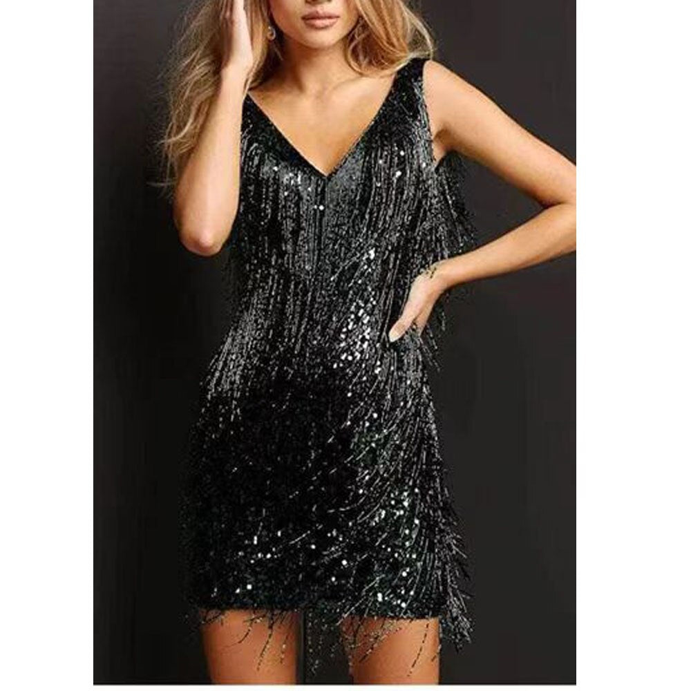 Women's Fringe Mini Party Dress – Shimmer Fitted Cocktail Dress