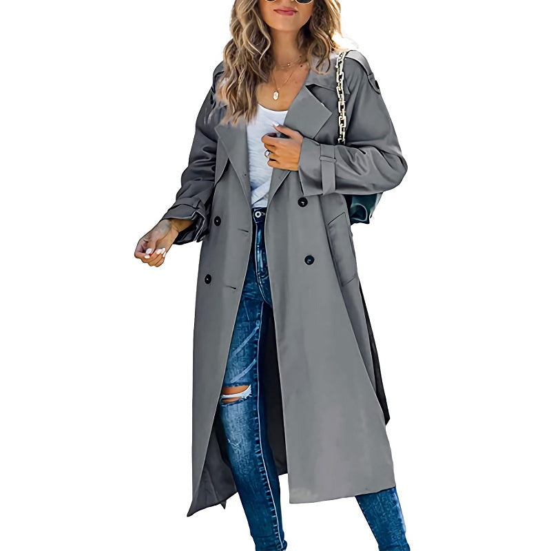 Women's Long Double-Breasted Trench Coat – Lapel Button Front Overcoat